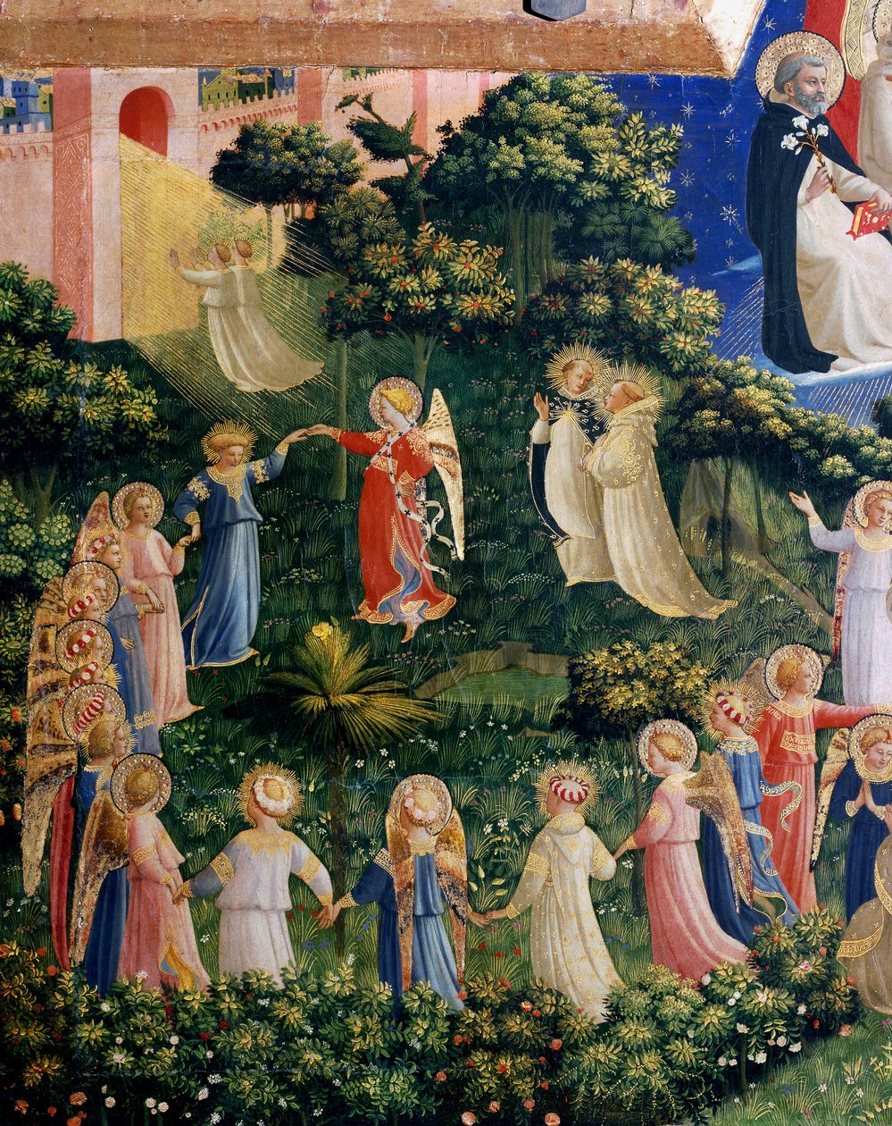 O Pormenor do Juízo Final do Paraíso, o círculo de almas aureolee. Detrempe na madeira por Guido di Pietro (ou Fra Giovanni da Fiesole) dit Fra Angelico ou il Beato (1400-1455). Dim. 105x210 cm Museu de San Marco. Florença de Fra  Angelico
