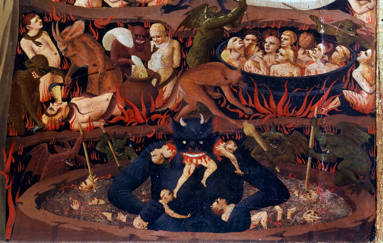 O Juízo Final: detalhe do Submundo. Maldições nos círculos infernais, torturas por demónios. Detalhe de um detrempe na madeira por Guido di Pietro (ou Fra Giovanni da Fiesole) dit Fra Angelico ou il Beato (1387-1455) de Fra  Angelico