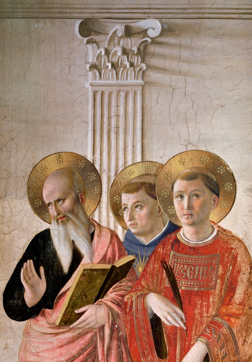 A Virgem das Sombras. Detalhe: São João, São Tomás e São Lourenço (fresco, c.1438-1446) de Fra  Angelico