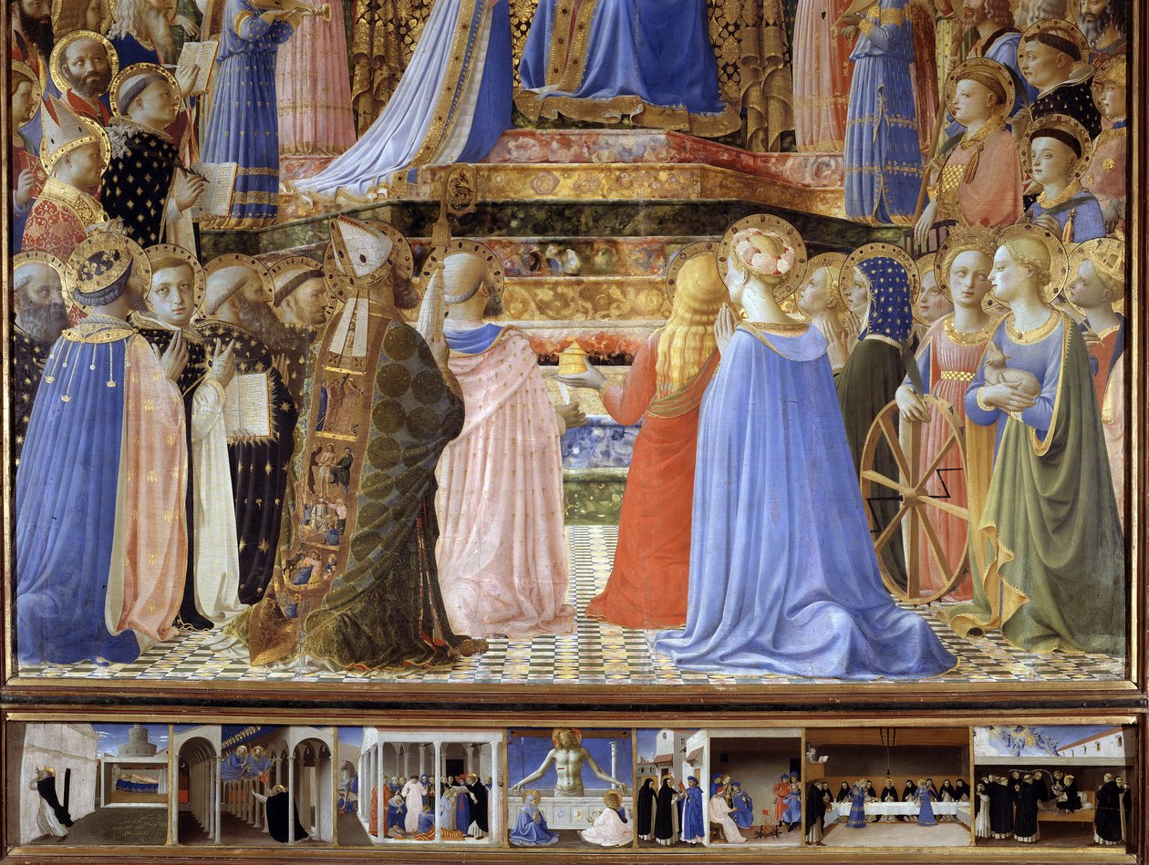 A coroação da Virgem Pormenor dos Santos e Anjos músicos. Abaixo, a história de Santa Domingas: a aparição de São Pedro e São Paulo tem Santa Domingas, São Domingos ressuscitando Napoleão Orsini, o Cristo em pé em seu túmulo, a disputa de Fra  Angelico