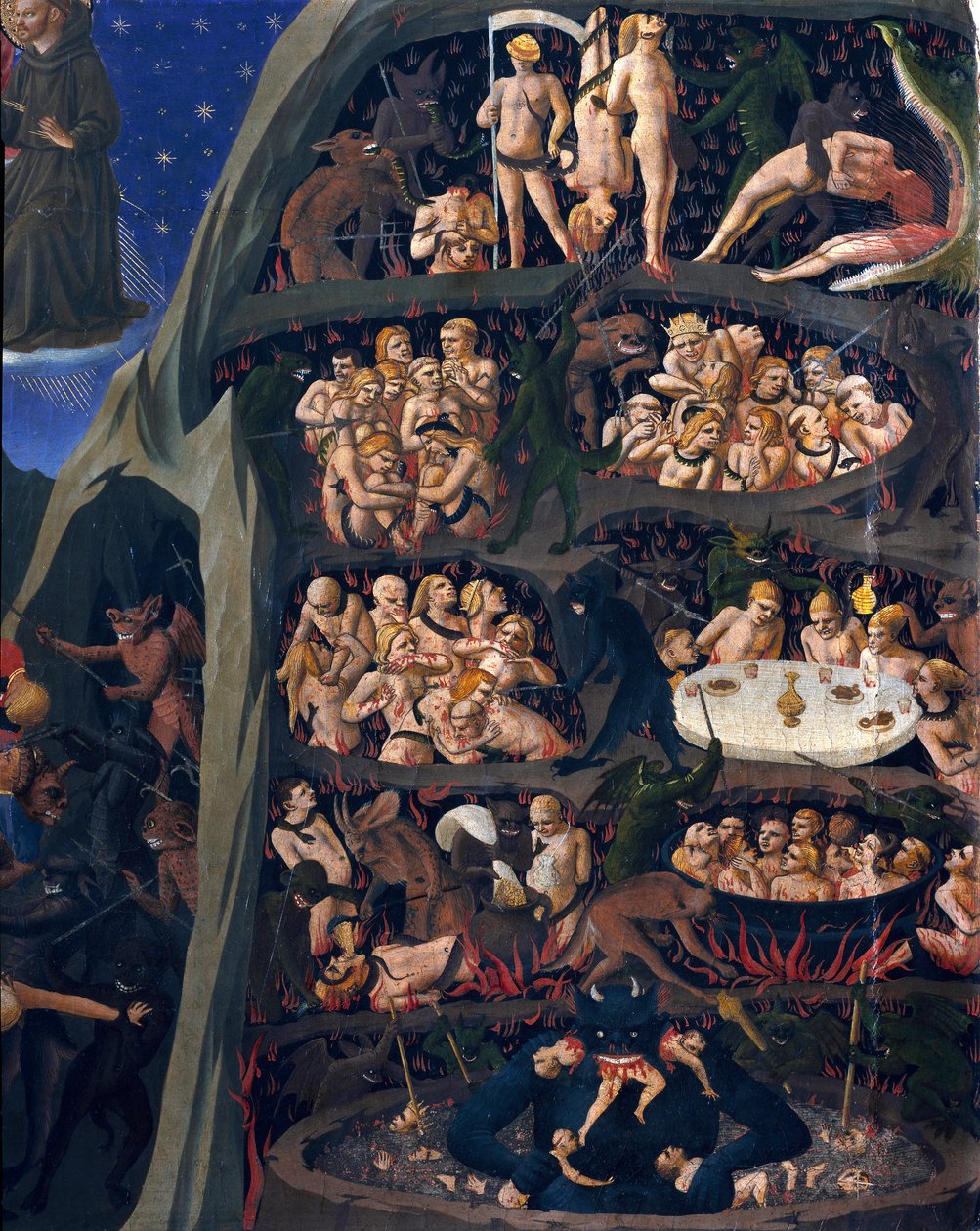 O julgamento final: inferno. As almas dos condenados sujeitos à tortura nos círculos do Inferno. O diabo lá em baixo tem uma delas. Pintura de Guido di Pietro (ou Fra Giovanni da Fiesole) dit Fra Angelico ou il Beato (1400-1455) de Fra  Angelico