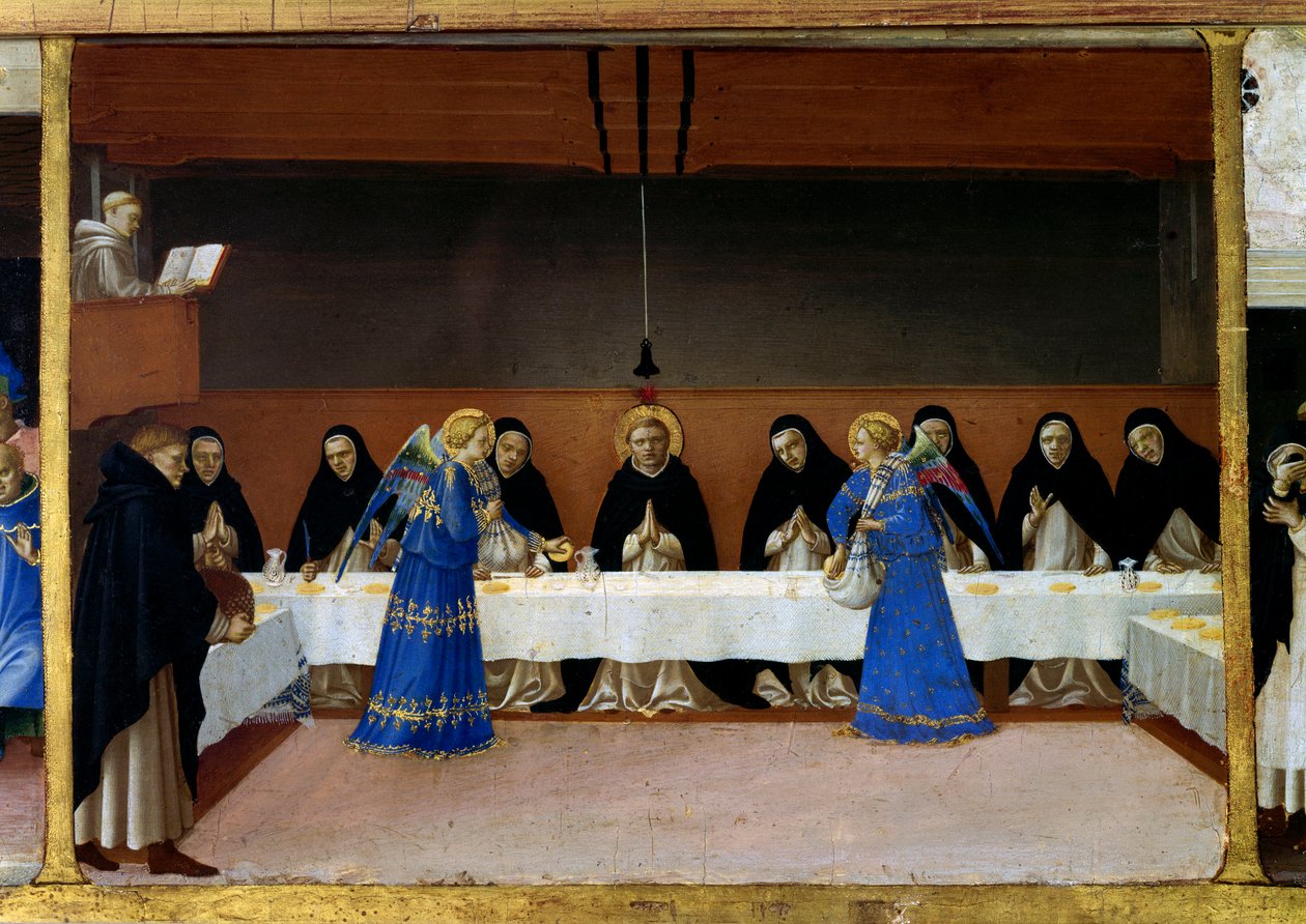 Os monges à mesa, a cozinha dos anjos Vida de Santa Domingas (detalhe da predela da Coroação da Virgem): os anjos servem uma refeição aos irmãos dominicanos. Pintura de Guido di Pietro (ou Fra Giovanni da Fiesole) dit Fra Angelico ou i de Fra  Angelico