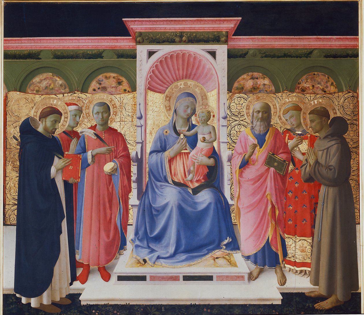 Virgem e criança com seis santos, Pedro, Cosmas e Damião, São João, São Lourenço e São Francisco. Detalhe do retábulo de Annalena (Pintura em madeira de Fra  Angelico