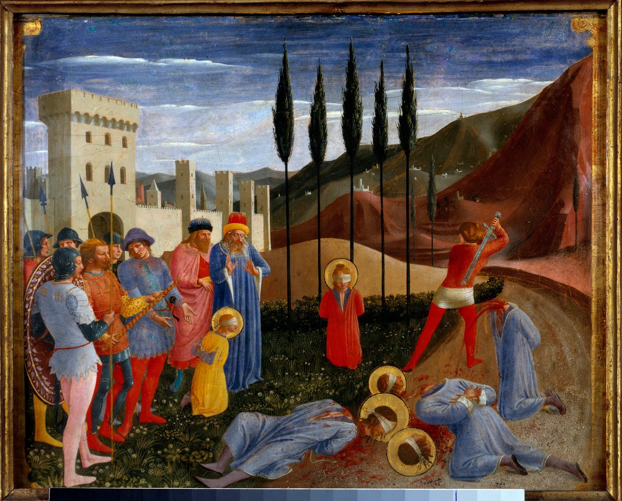o martírio dos Santos Cosimo (Vem ou Cosimo) e Damien Saint Cosme e São Damien, irmãos gêmeos nascidos no século III, médicos da medicina, foram torturados e depois decapitados. Detrempe na madeira por Guido di Pietro (ou Fra Giovanni da Fiesole) dit Fra A de Fra  Angelico