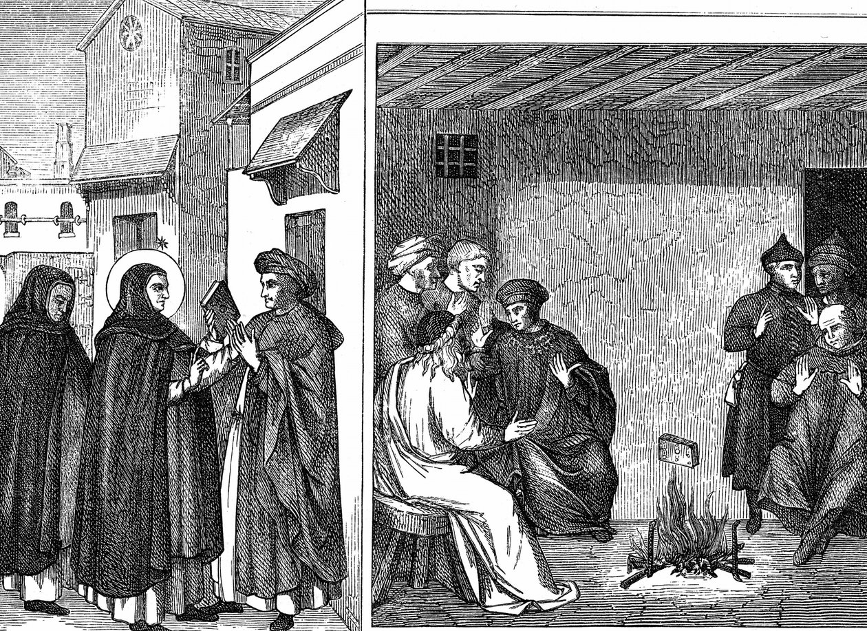 Heresia alienígena. São Domingos dá um livro que professa a "verdadeira" fé cristã a um enviado albigensiano. Atirado ao fogo, o livro não é consumido pelas chamas, enquanto que o livro dos albigenses hereges é. Gravura após predella da Coroação da Vi de Fra (c.1400 55) Angelico