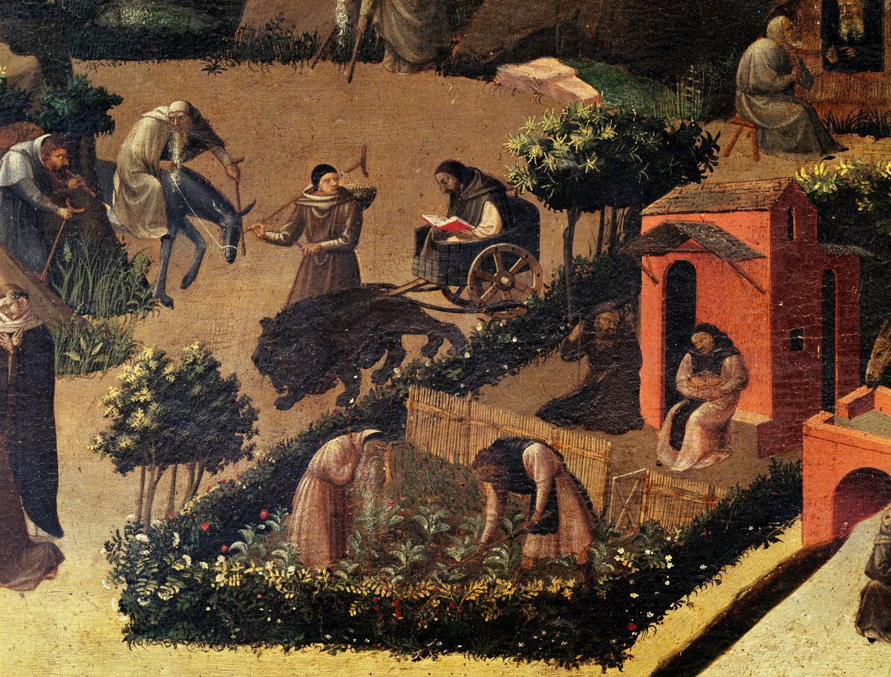 Monges no trabalho, detalhe de La Thebaid de Fra (c.1400 55) Angelico