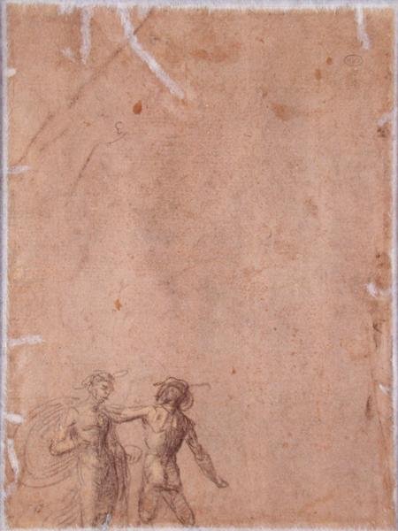 Duas figuras (verso) (giz preto e amarelo aumentado com branco sobre papel) (para reto ver 152658) de Fra 1472 1517 Bartolommeo