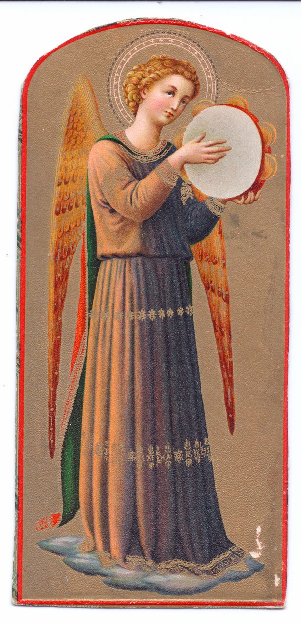 Cor litho print fra anjo angelico tocando pandeiro, c. 1910 de Fra Angelico
