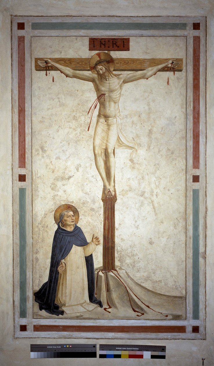 Crucificação com São Domingos. Inscrição "" INRI "" na cruz. Fresco de Guido di Pietro de Fra Angelico