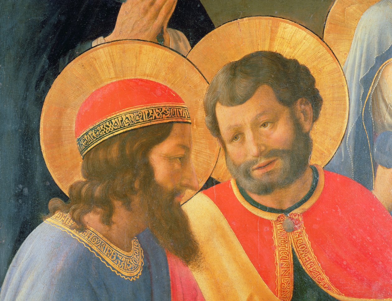 Deposição da Cruz, detalhe de dois santos, 1436 têmpera e ouro no painel de Fra Angelico