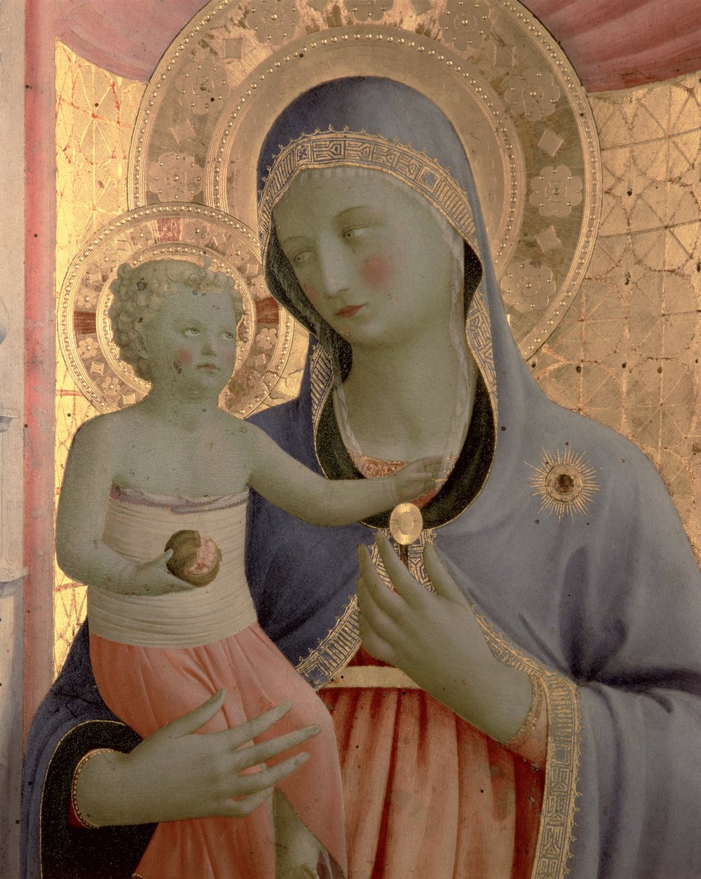 Detalhe da Virgem e Criança do Retábulo de Annalena, após 1434 têmpera no painel de Fra Angelico