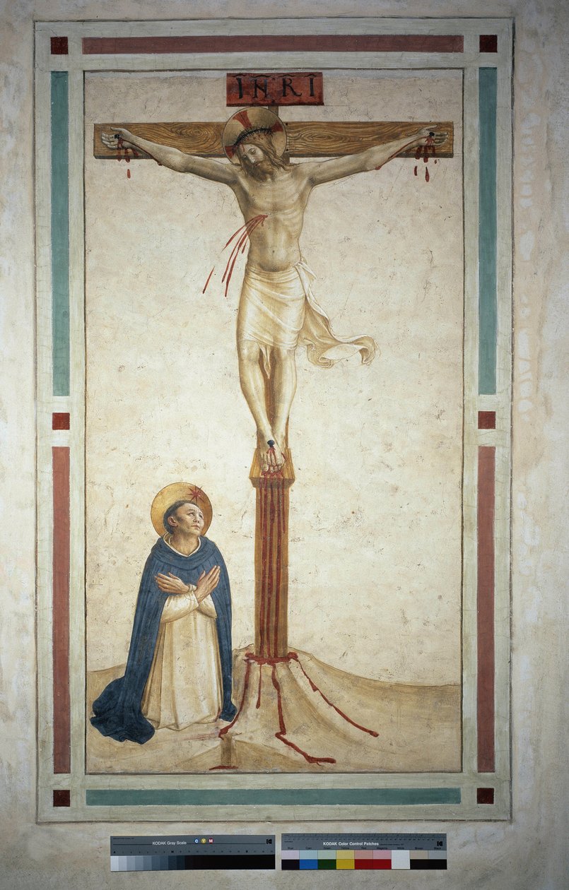 A crucificação com São Domingos. Inscrição "" INRI "" na cruz. Fresco de Guido di Pietro de Fra Angelico