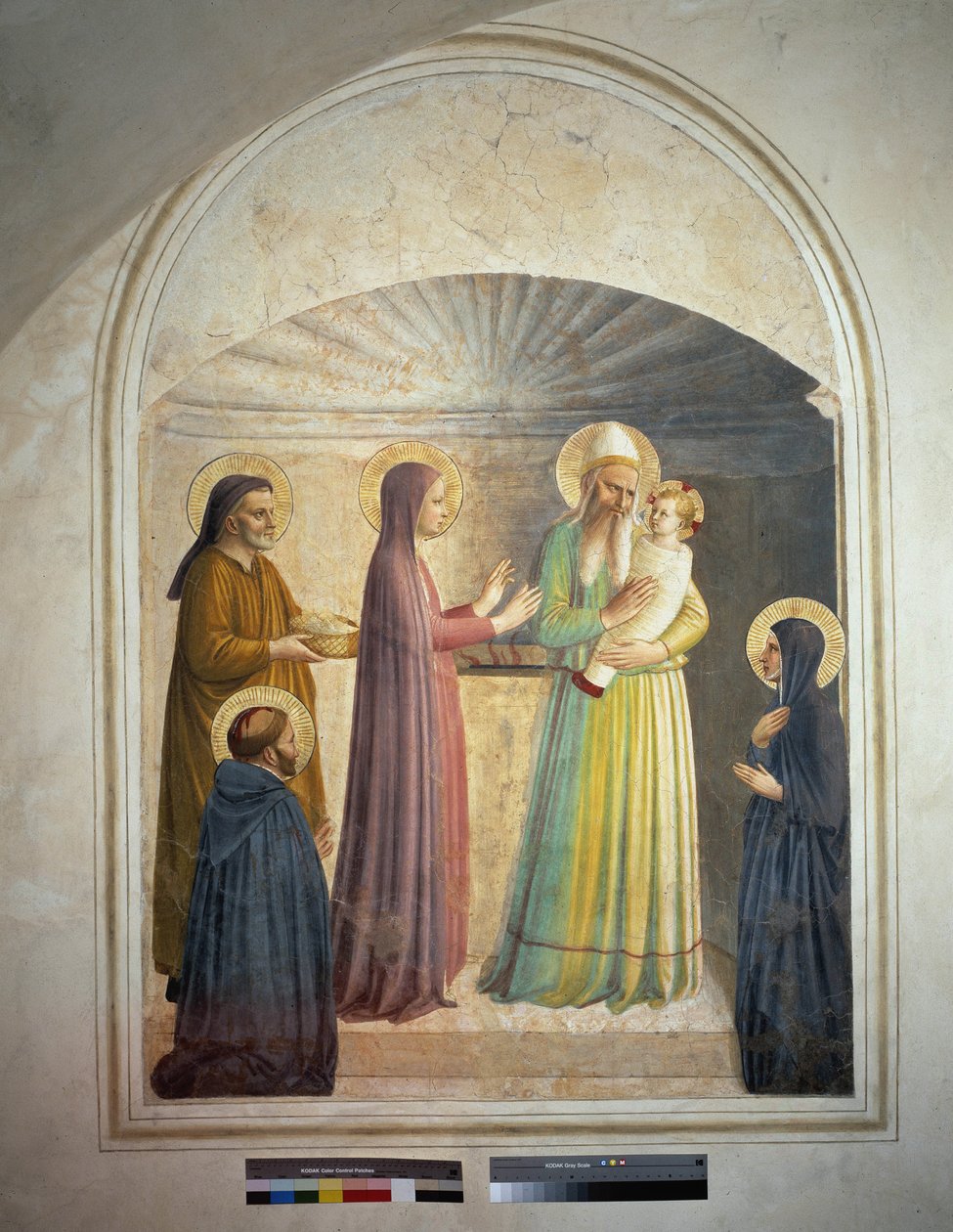 A apresentação de Cristo no templo. São Pedro, mártir e a freira dominicana Villana, observam a cena bíblica. Fresco de Guido di Pietro de Fra Angelico