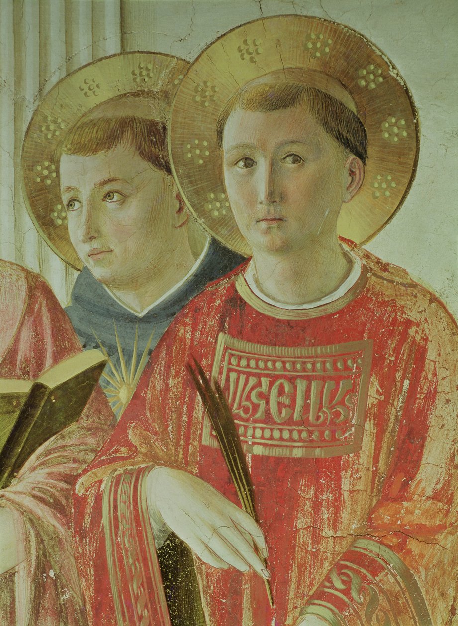 Madonna of the Shadow, detalhe de St. Thomas Aquinas e St. Lawrence, do corredor do primeiro andar (afresco) de Fra Angelico