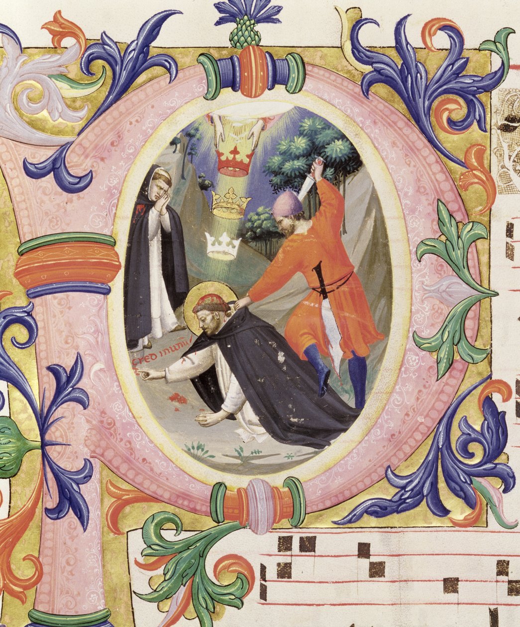 Missal 558 f.68v Historiated inicial &39;P&39; representando o assassinato de São Pedro, o Mártir de Fra Angelico
