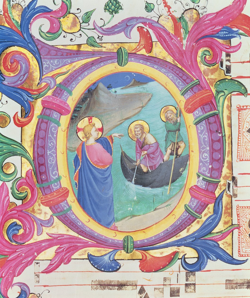 Missal 558 f.9r O inicial de Historiated descrevendo o projecto milagroso de peixes (detalhe de 88928) de Fra Angelico