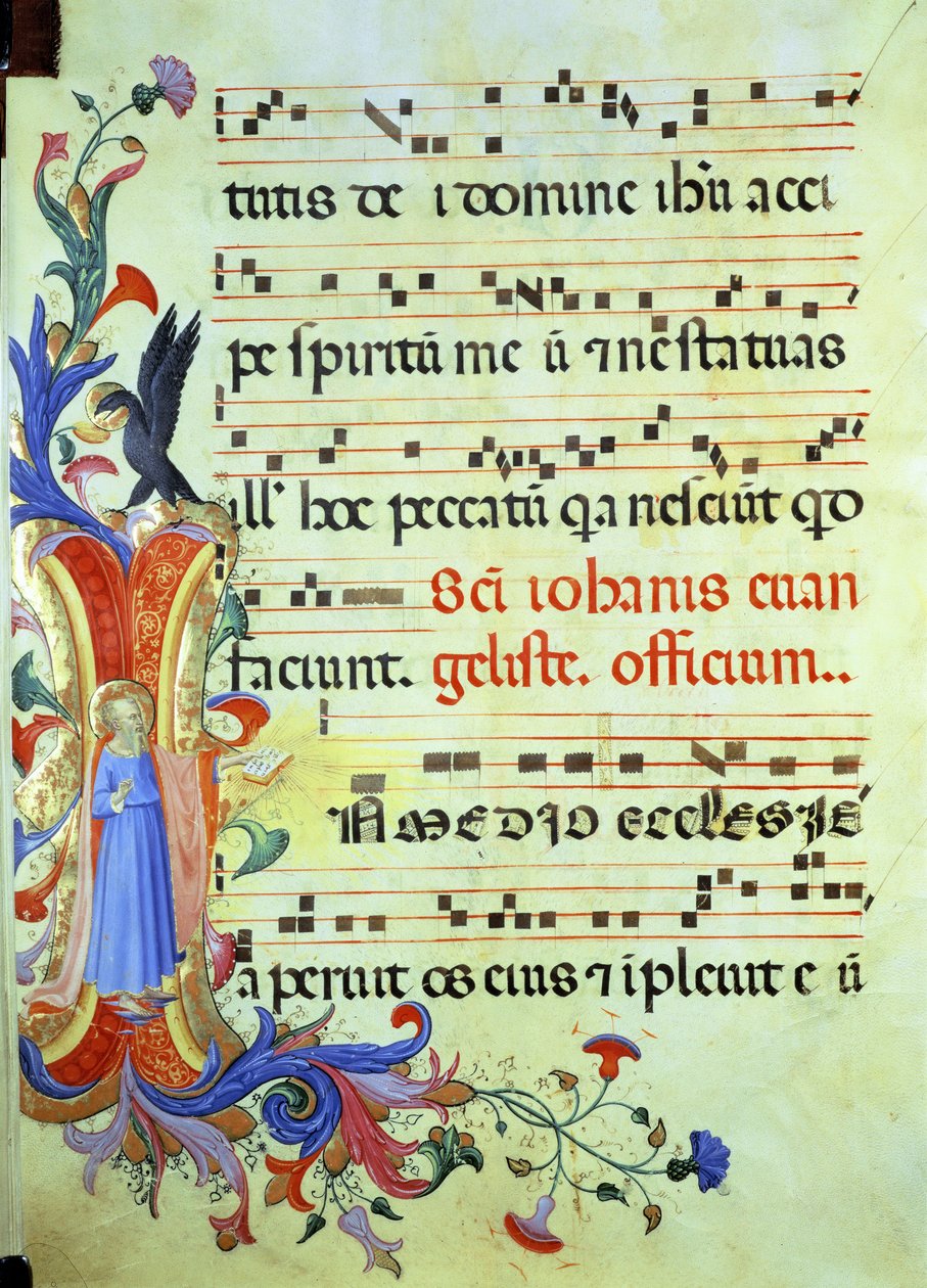 Ms 558 f.13v Historiated inicial &39;eu&39;, representando São João Evangelista, com a página de notação musical de um Missal, início de 1430 de Fra Angelico
