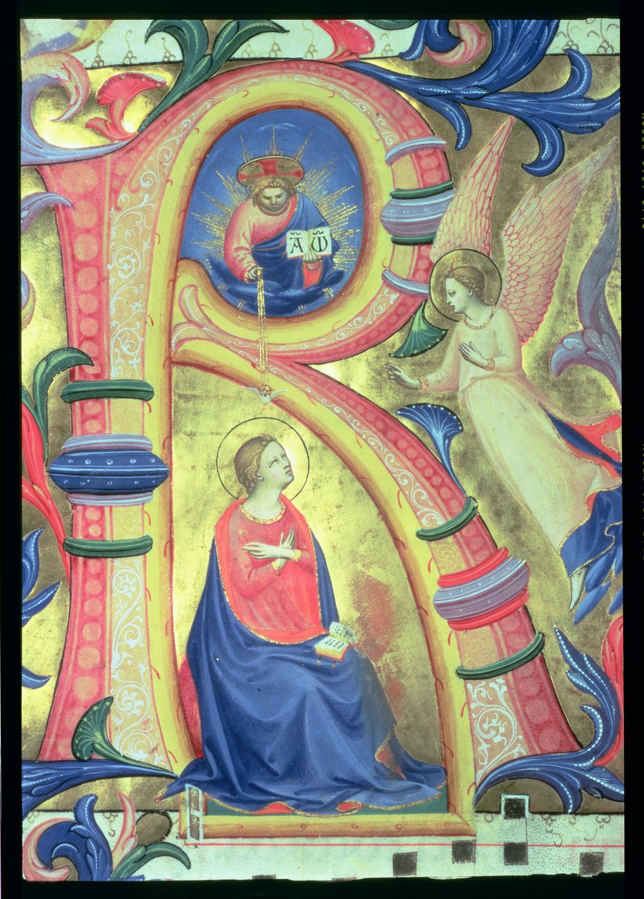 Ms 558 f.33v A Anunciação retratada em um R inicialista historiated, detalhe de um Missal, detalhe de pergaminho do início dos anos 1430 de 88932 de Fra Angelico