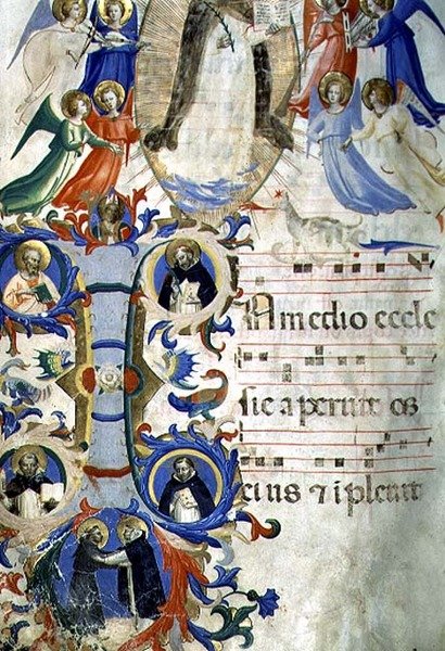 Ms 558 f.67v St. Dominic cercado por músicos anjos acima de uma inicial historiated eu retratando (sentido horário) SS. Agostinho, Ambrósio, Pedro Mártir, Gregório e Jerônimo, de um Gradual, início de 1430 (vellu de Fra Angelico