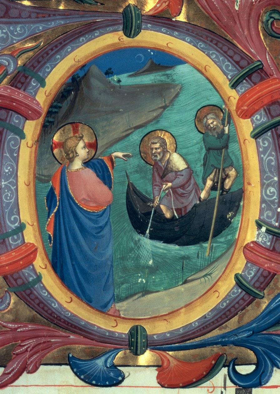 Ms 558 f.9r O Chamado de St. Peter e St. Andrew, detalhe de historiated inicial O de um Missal, início de 1430 detalhe de velino de 88928 de Fra Angelico