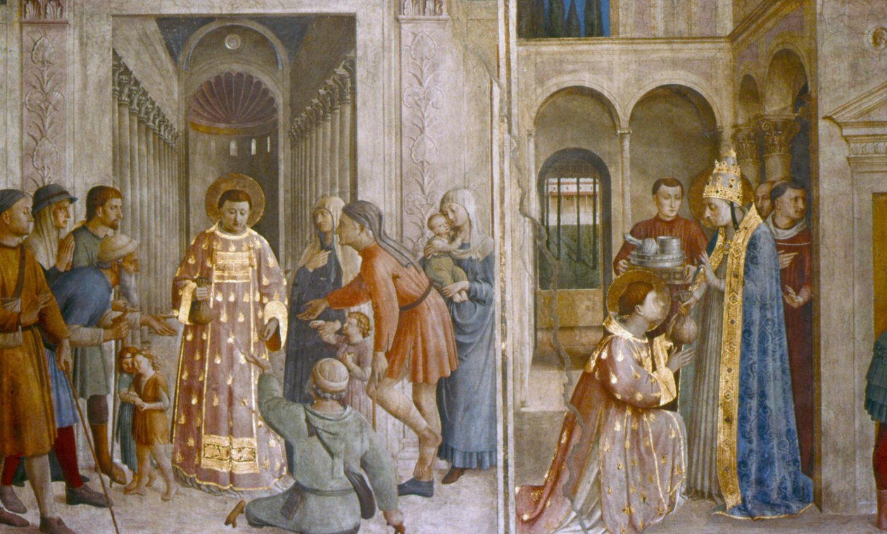 O Papa Sisto II entrega um tesouro da igreja a São Lourenço, em meados do século XV. de Fra Angelico