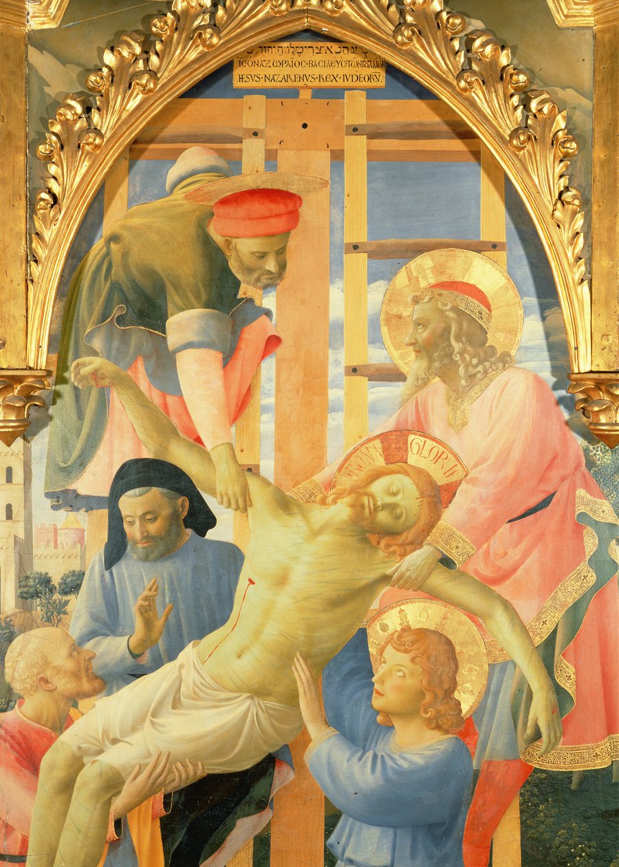 Retábulo de Santa Trinita, detalhe do Cristo morto sendo abaixado da cruz, c.1434 têmpera e ouro no painel de Fra Angelico