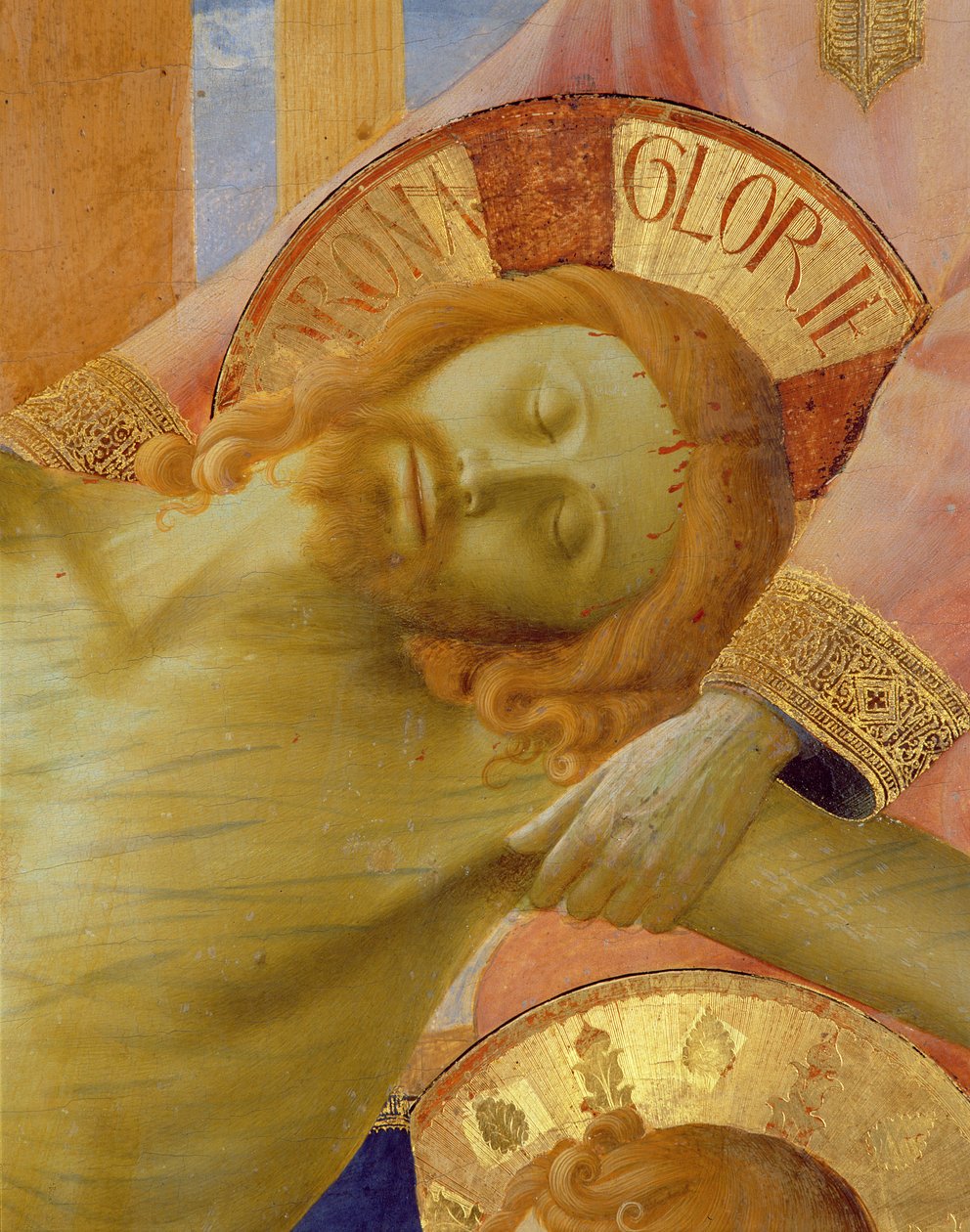 Retábulo de Santa Trinita, detalhe da cabeça do Cristo morto, c.1434 têmpera e ouro no painel de Fra Angelico