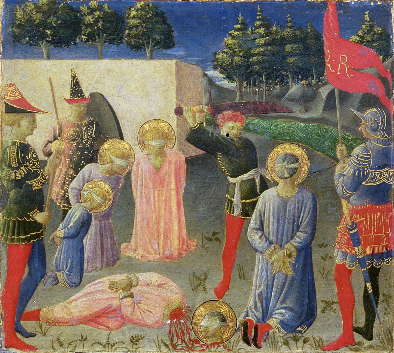 A decapitação de São Cosme e São Damião, da predella do retábulo de Annalena, c.1434 (têmpera no painel) de Fra Angelico