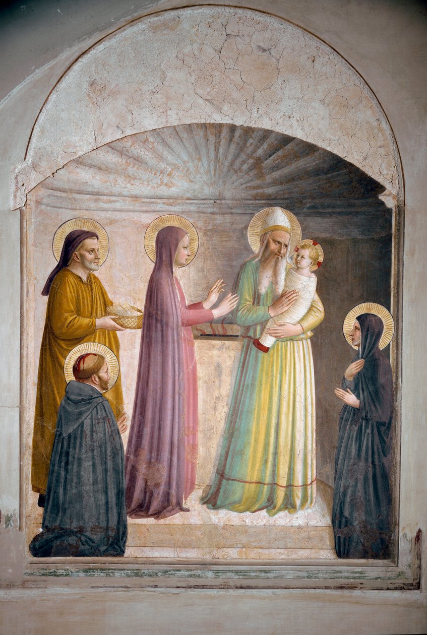 A apresentação de Cristo no templo. São Pedro, mártir e freira dominicana Villana, observa a cena bíblica. Fresco de Guido di Pietro de Fra Angelico