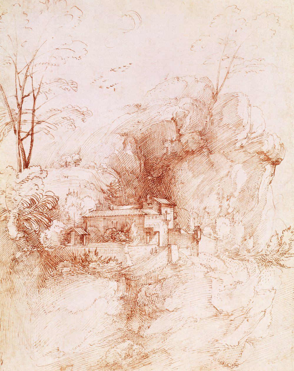 Paisagem rochosa com mosteiro, desenho de Fra Bartolomeo (1472-1517). de Fra Bartolomeo