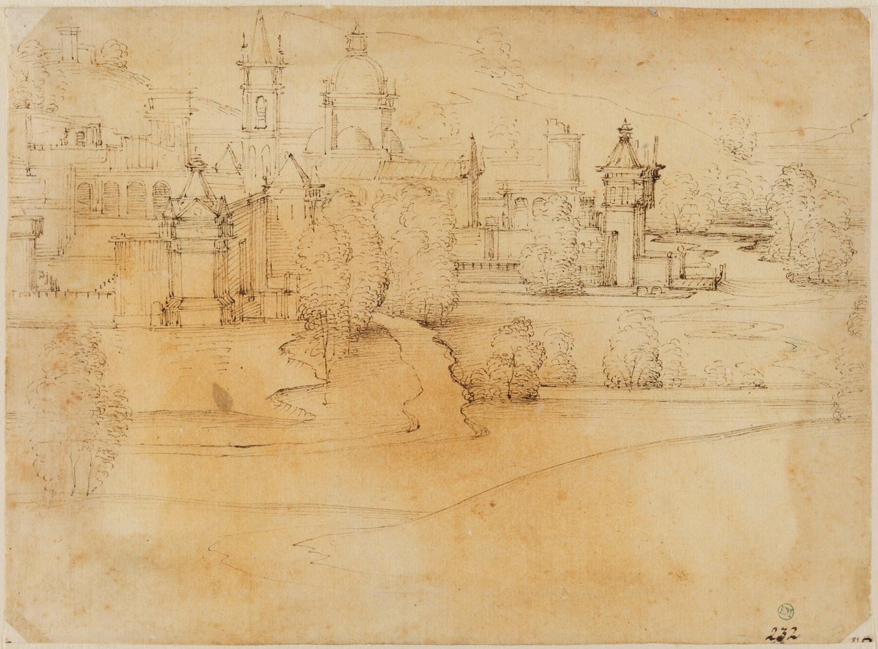 Vista de uma cidade com edifícios renascentistas junto a um rio de Fra Bartolommeo