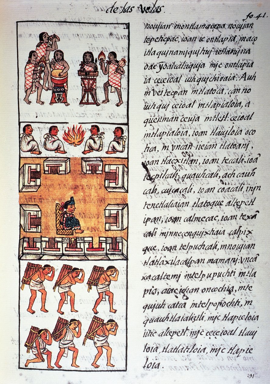 Sociedade asteca, músicos, rei e mercadores, texto em Nahuatti, do fac-símile do manuscrito História Geral das Coisas da Nova Espanha, também conhecido como Codex Florentino, de Bernardino de Sahagun de Fra Bernadino da Sahagun
