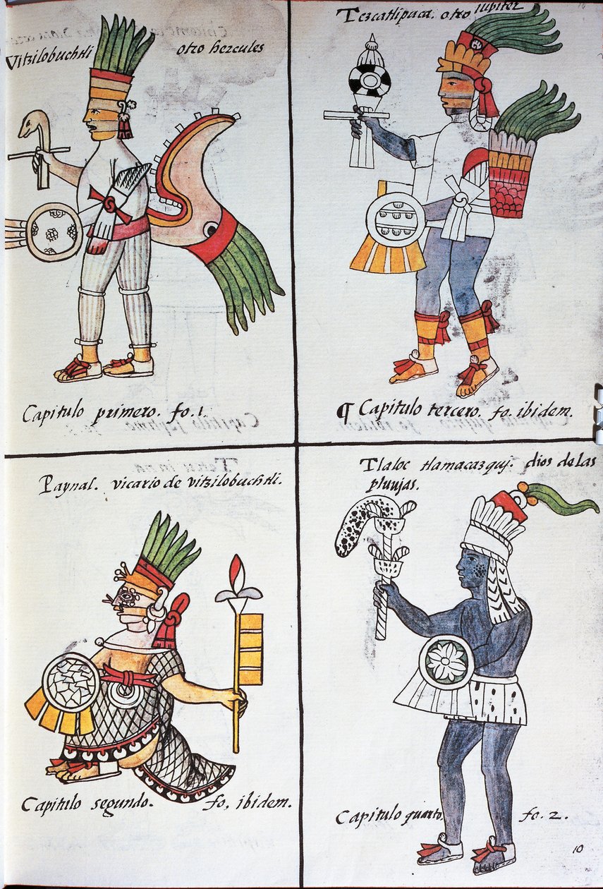 Deuses dos antigos mexicanos, Huitzilopochtli, Tezcatlipoca, Tlaloc e Paynal, texto em espanhol, do fac-símile do manuscrito História Geral das Coisas da Nova Espanha, também conhecido como Codex Florentino, de Bernardino de Sahagun de Fra Bernadino da Sahagun
