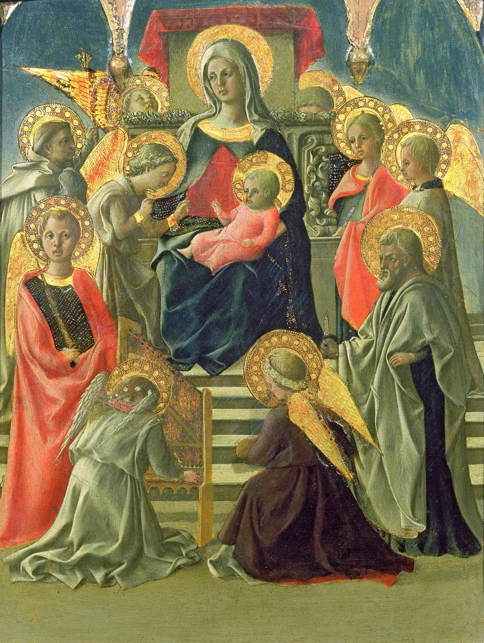 Madonna e criança entronizados com anjos e santos (têmpera no painel) (ver também 63779) de Fra Filippo Lippi