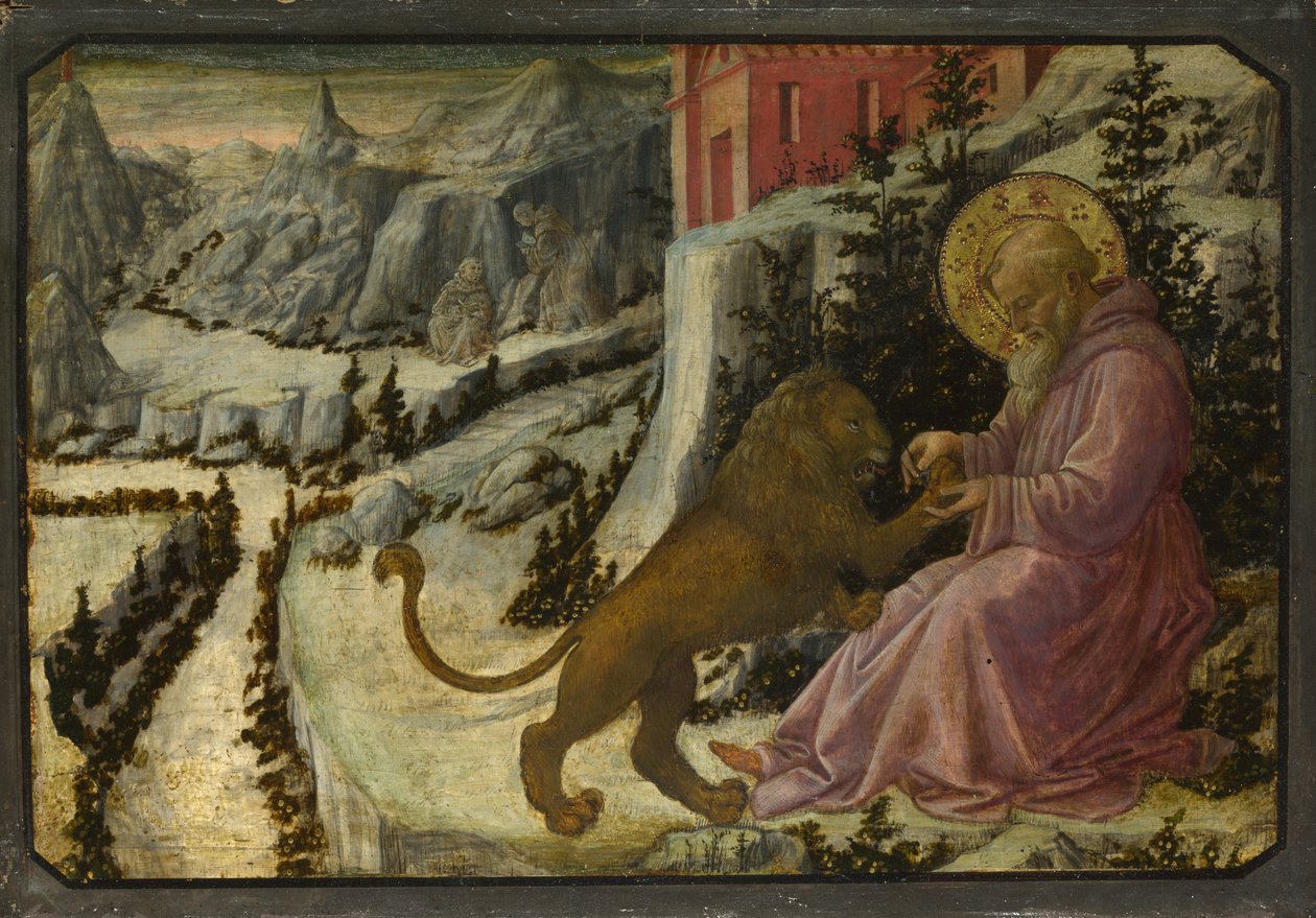 São Jerônimo e o Leão Predella Painel do Retábulo de Pistoia Santa Trinità, 1455-1460 de Fra Filippo Lippi