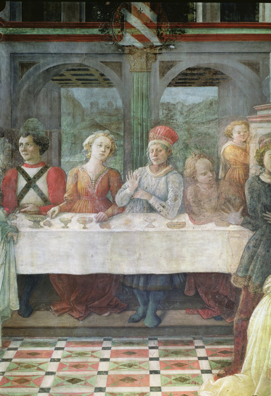 A Festa de Herodes: detalhe das figuras no afresco da mesa central também ver 60431 & 60432 de Fra Filippo Lippi
