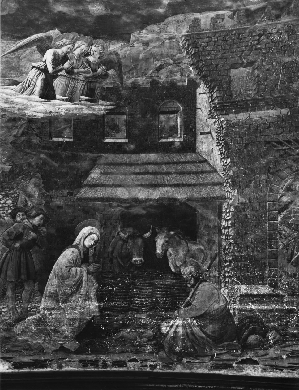 A Natividade, uma das cenas do ciclo de afresco da Vida da Virgem na abside da Catedral de Fra Filippo Lippi