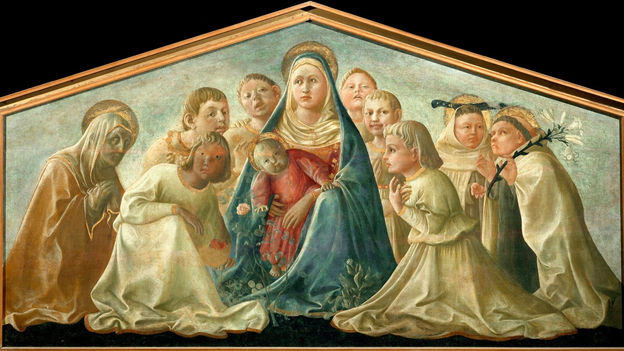A Virgem do Humilite rodeada de santos e anjos Pintura de Filippo Lippi (ca. 1406-1469) 1432 aproximadamente. Sol. 89x167,5 cm Milão, Musei del Castello de Fra Filippo Lippi