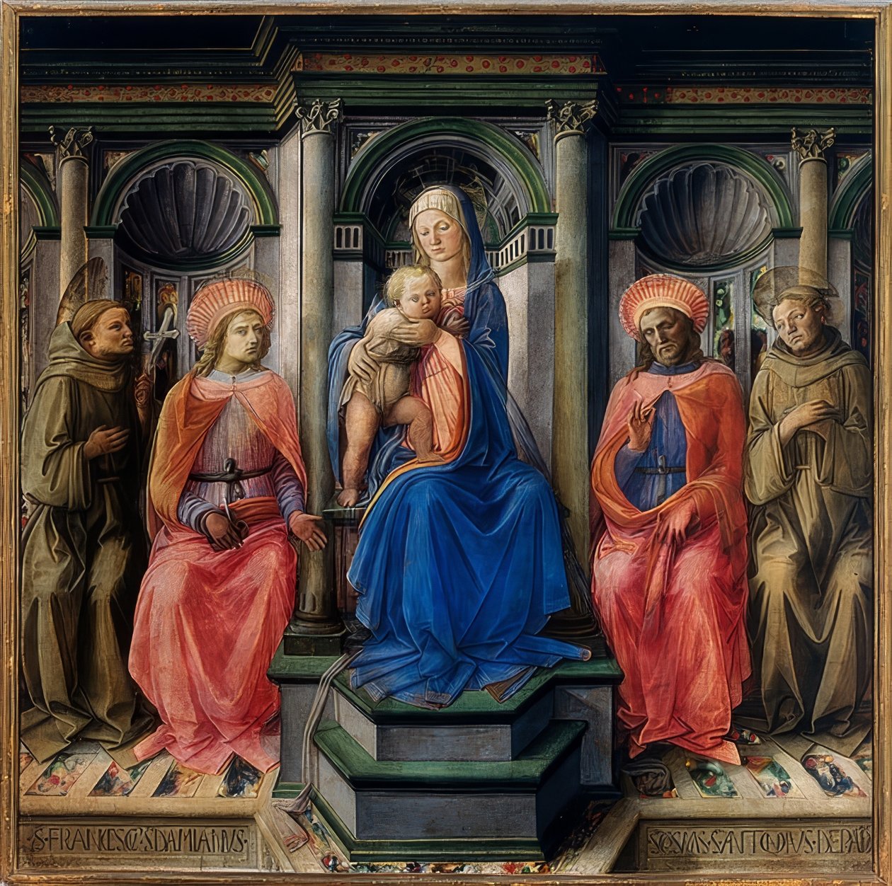 Maria entronizou-se com a criança e os santos Francisco de Assis, Damião, Kosmas e Antônio de Pádua. 1442 de Fra Filippo Lippi