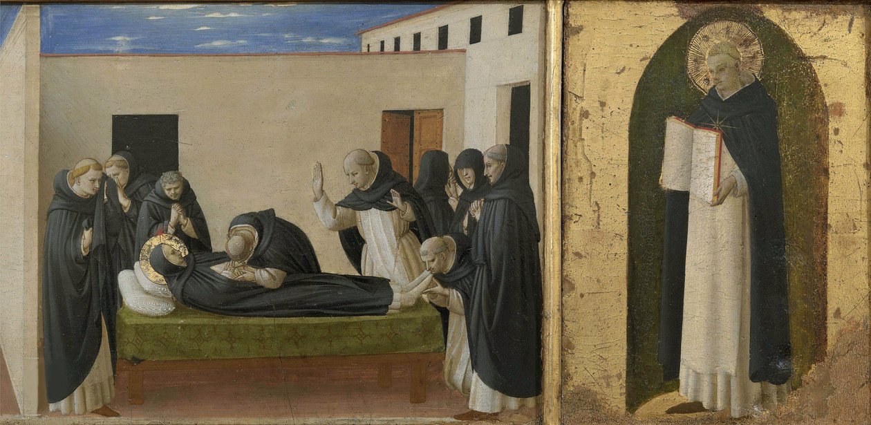 Morte de São Domingos e São Tomás de Aquino. Cortona Polyptych detalhe da predella, c1437. de Fra Giovanni Angelico da Fiesole