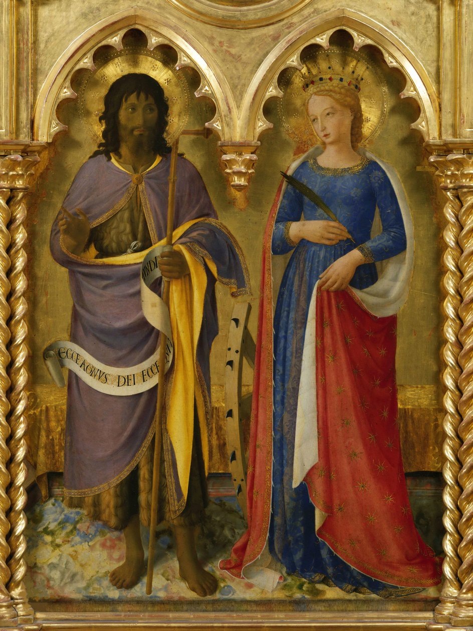 São João Batista e Santa Catarina de Alexandria do Retábulo de Perugia, ca 1437. de Fra Giovanni Angelico da Fiesole