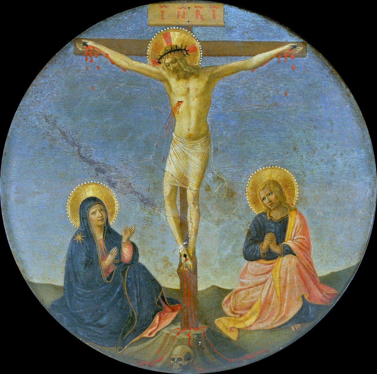 A Crucificação com Maria e São João, o Evangelista Tondo, c. 1440. de Fra Giovanni Angelico da Fiesole