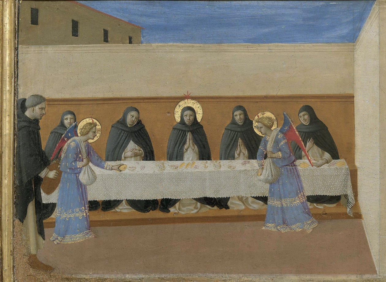 Os anjos servem o jantar para os frades. Cortona Polyptych detalhe da predella, ca 1437. de Fra Giovanni Angelico da Fiesole