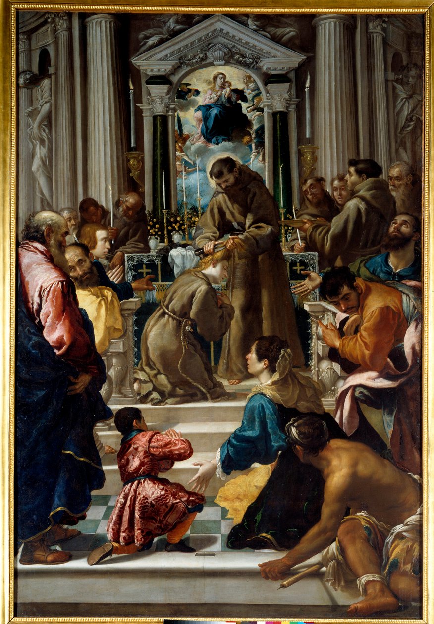São Francisco de Assis (1181-1223) corta o cabelo de Santa Claire (1193-1253). Pintura por Semplice De Verona (1589-1654) Ec. Ital. de Fra Semplice da Verona