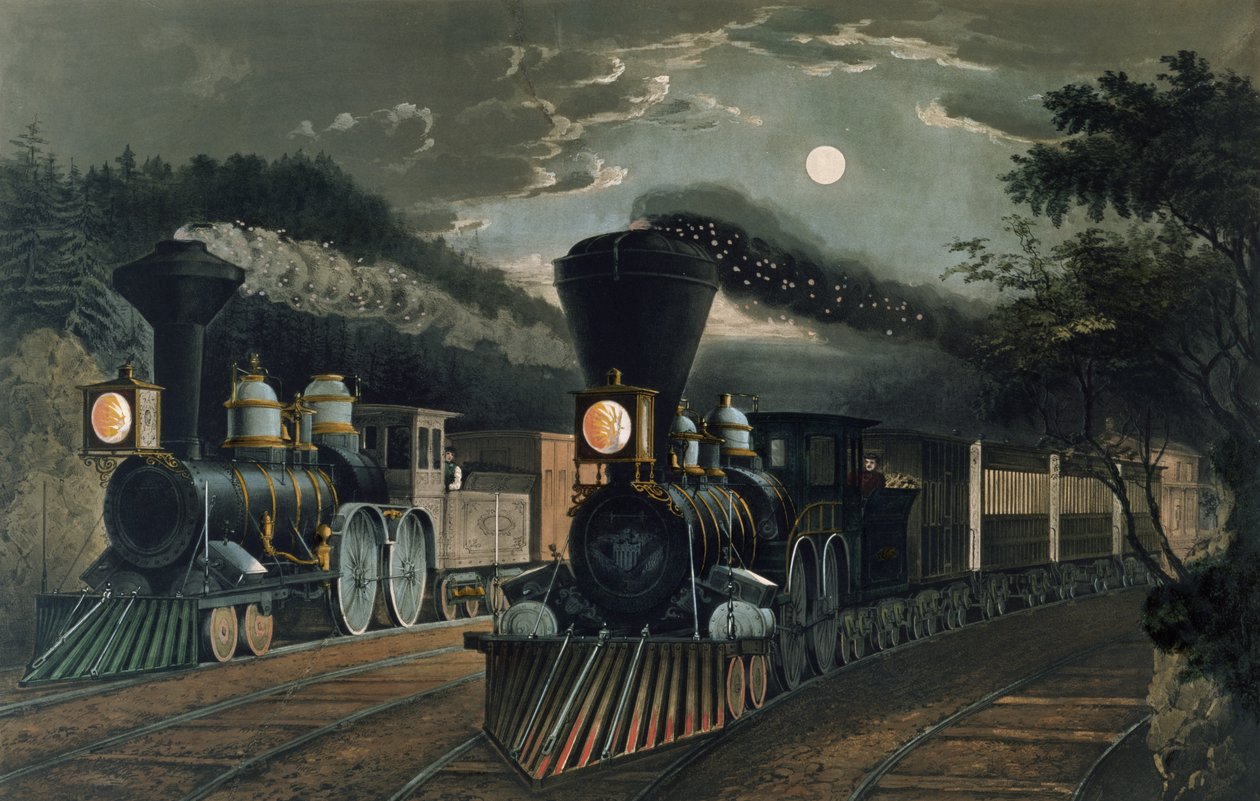Os trens &39;Lightning Express&39;, pub. por Currier e Ives, Nova York, 1863 de Frances Flora Bond Palmer