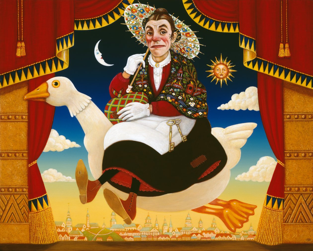 Dan Leno (1860-1904) como Mother Goose, 1996 (óleo e têmpera no painel) de Frances Broomfield