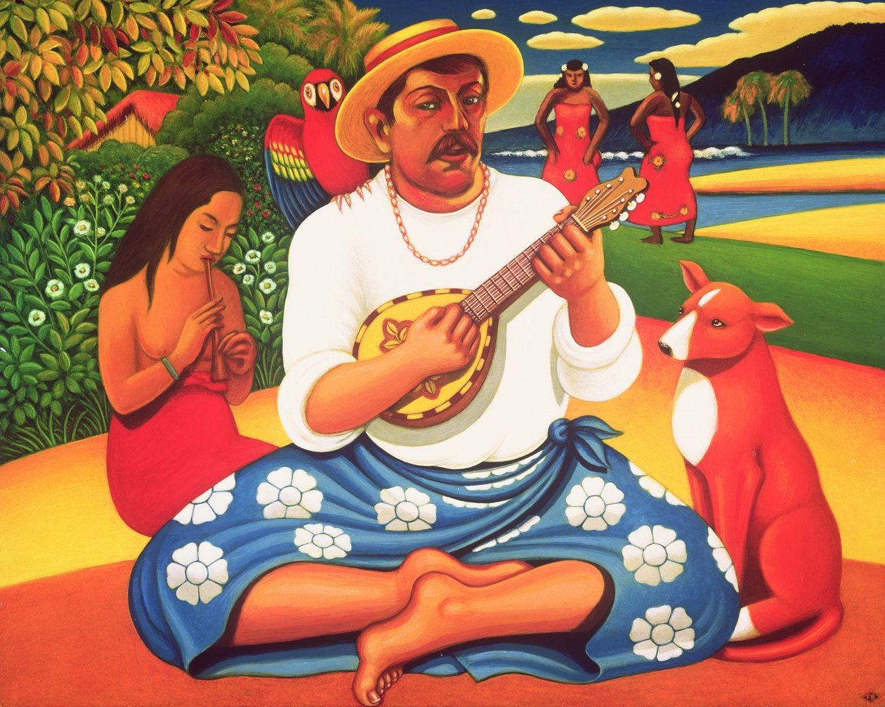 Gauguins Fantasy Island, 2005 (óleo e têmpera no painel) de Frances Broomfield