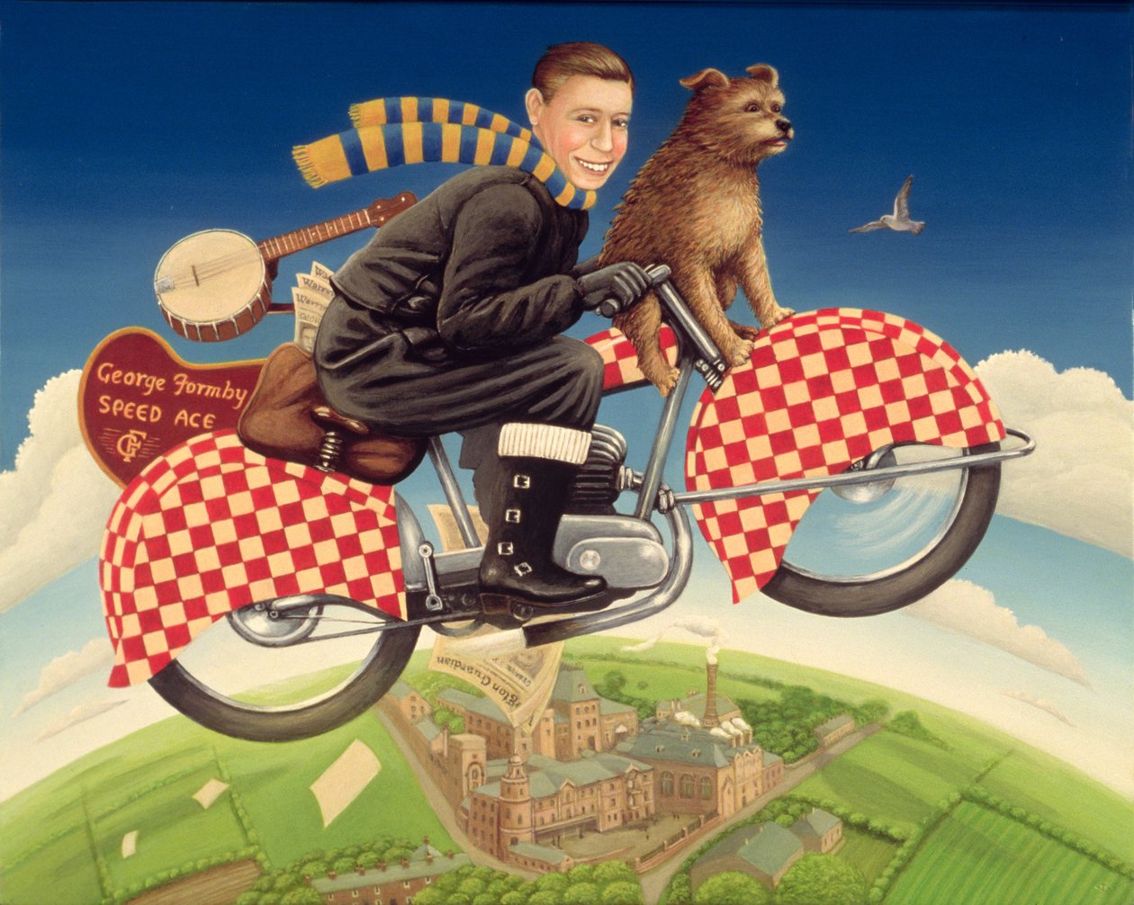George Formby - Speed Ace, 1989 (óleo e têmpera no painel) de Frances Broomfield