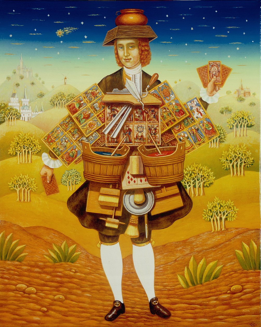 The Card Seller, 2003 (óleo e têmpera no painel) de Frances Broomfield