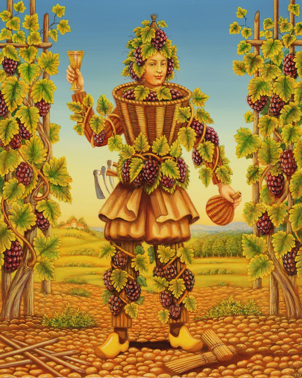 The Vigernons Habit, 1998 (óleo e têmpera no painel) de Frances Broomfield